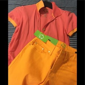 EUC, C. Wonder melon color polo top w/ orange trim